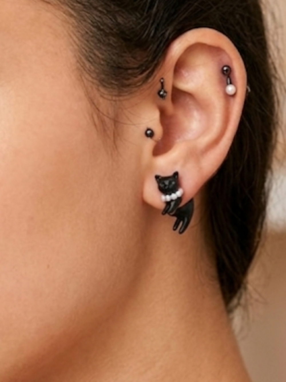 Cute Black Cat Pearl Collar Stud Earrings